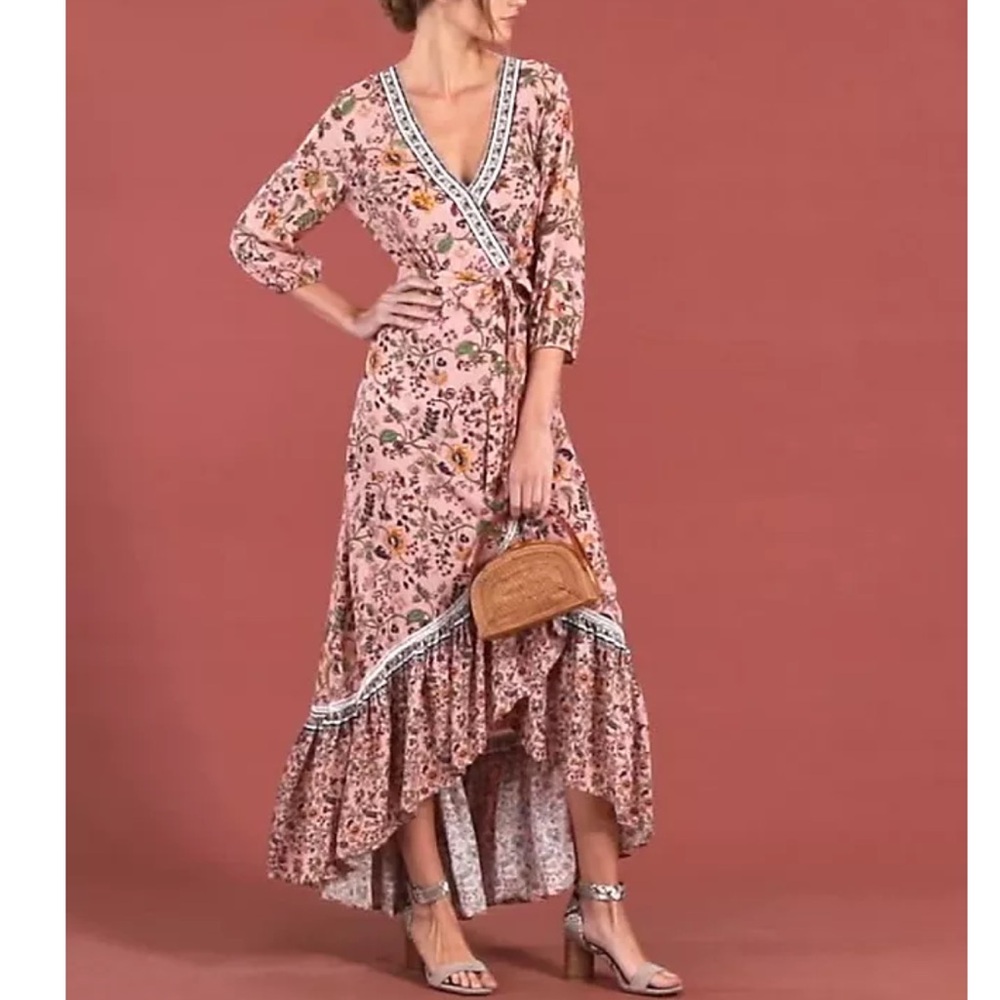 Farm Rio Anthropologie Clara Wrap Dress Size S Women Boho Viscose V Neck Floral